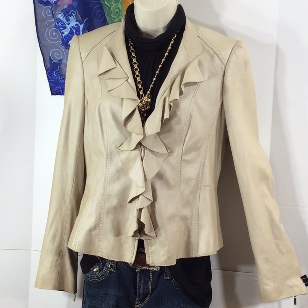 WHBM cream cropped leather ruffle jacket S